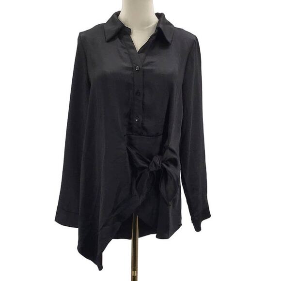 SKIES ARE BLUE XS black satin collared long sleeve button tie top blouse NWT 0B3 - Picture 2 of 7